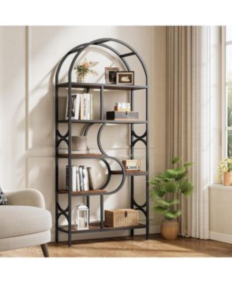 6-Shelf Bookcase, 71" Industrial Arched Bookshelf, Farmhouse Freestanding Open Display Shelf, Tall Bookcase
