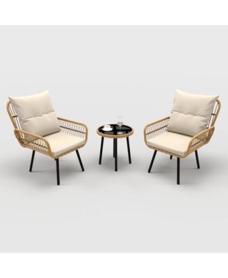 3 Piece Outdoor Wicker Patio Bistro Set, Rattan Conversation Set with Glass Top Coffee Table