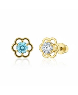 Set of 2 Tiny Blue & Clear CZ Open Flower Stud Helix Lobe Cartilage 1 Piece Earring 14K Gold 4MM Screwback Post