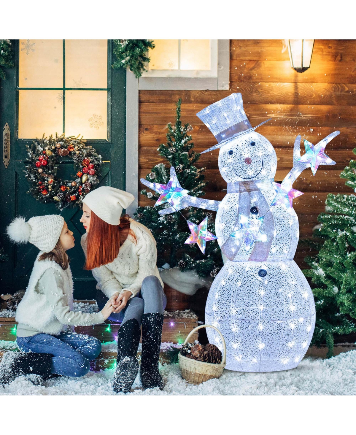 Costway 5 Ft Lighted Snowman with Hat Scarf & Stars Zip Ties & Ground Stakes 140 Led Lights