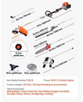 26CC 6-in-1 2-Cycle Gas Trimmer Tool Set, Hedge & String Trimmer, Brush Cutter, Edger, Pole Saw, Extension Pole, Gear Set