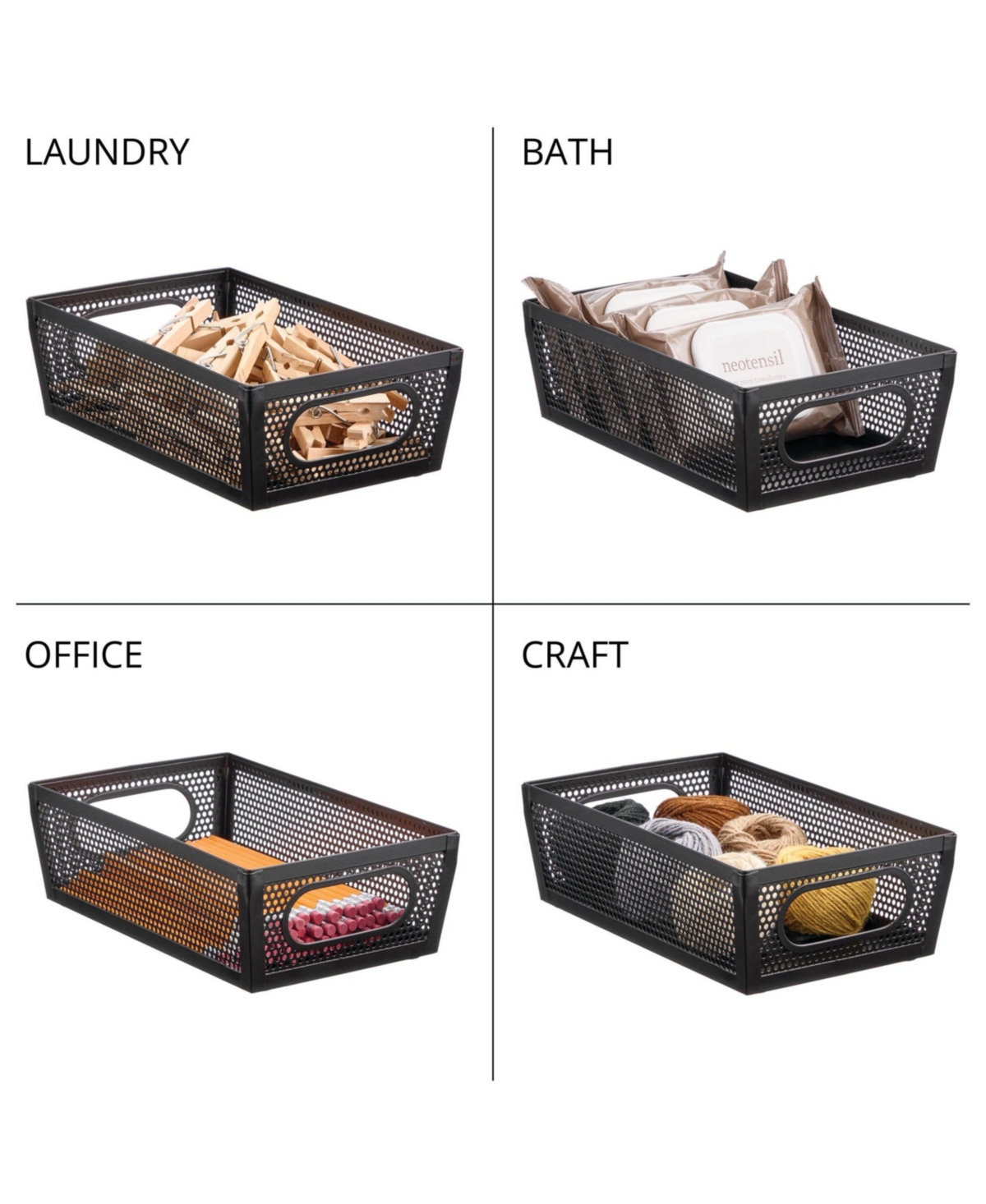 mDesign Perforated Metal Storage Bin with Handles - Set of 4 - Matte Black