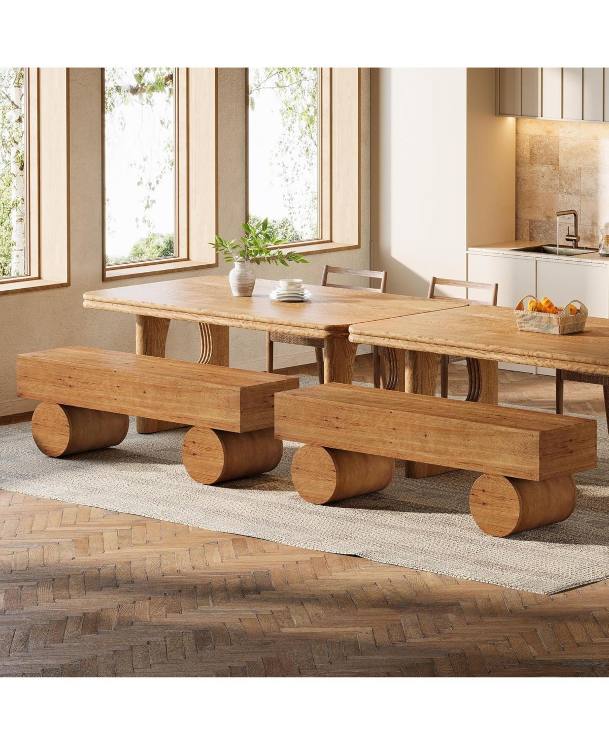 Tribesigns Solid Wood Dining Bench, 59" Farmhouse Indoor Long Kitchen Table Bench with Thickened Seat & Cylindrical Legs