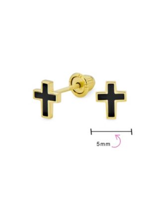 Tiny Religious Mini Cross Stud Earrings Two-tone Black Enamel 14K Gold Screwback
