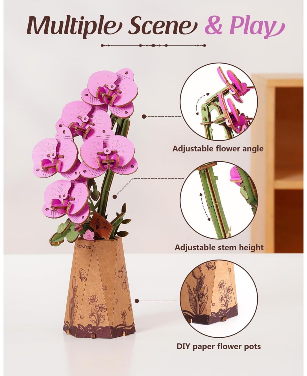 Robotime Wooden Flower 3D Puzzles Adults Artifical Flower Botanical Collection Building Craft Kit