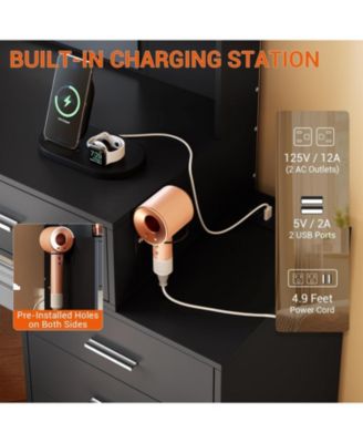 6-Drawer Black Makeup Vanity Set, Mirror with LED Lights, USB Charging, Vanity Stool, Bedroom, Dressing Room