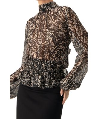 Women's High Neck See-Through Paisley Blouse