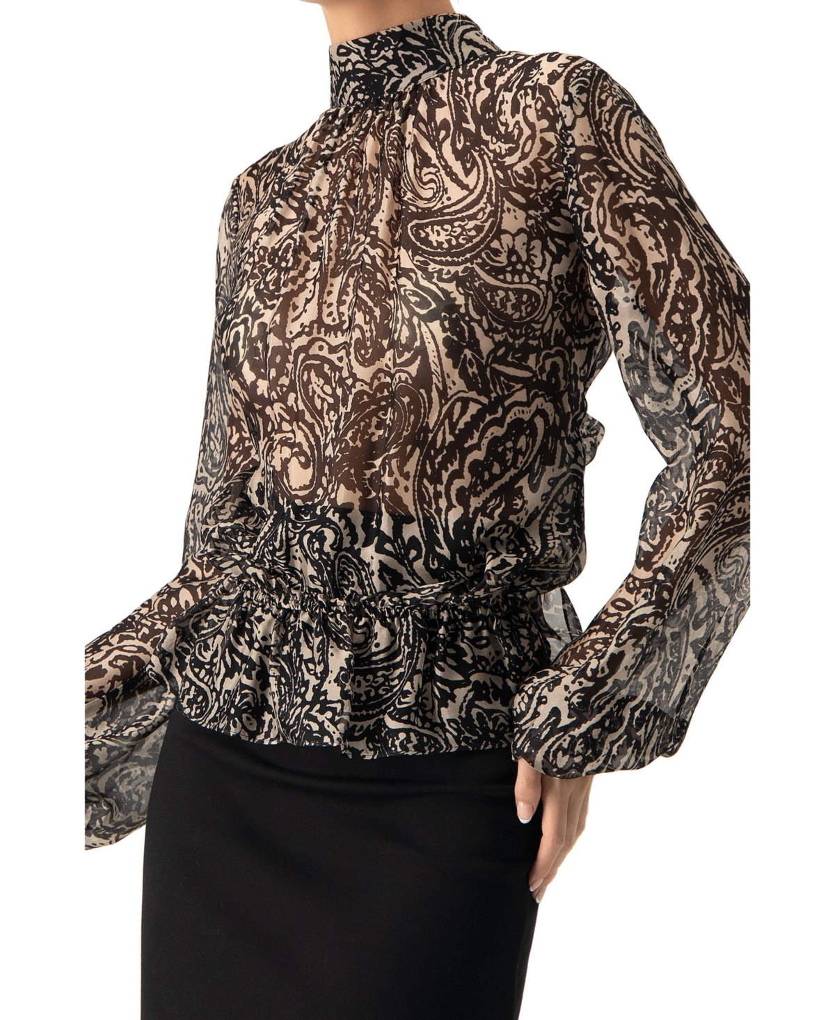 Ivonne Women's High Neck See-Through Paisley Blouse
