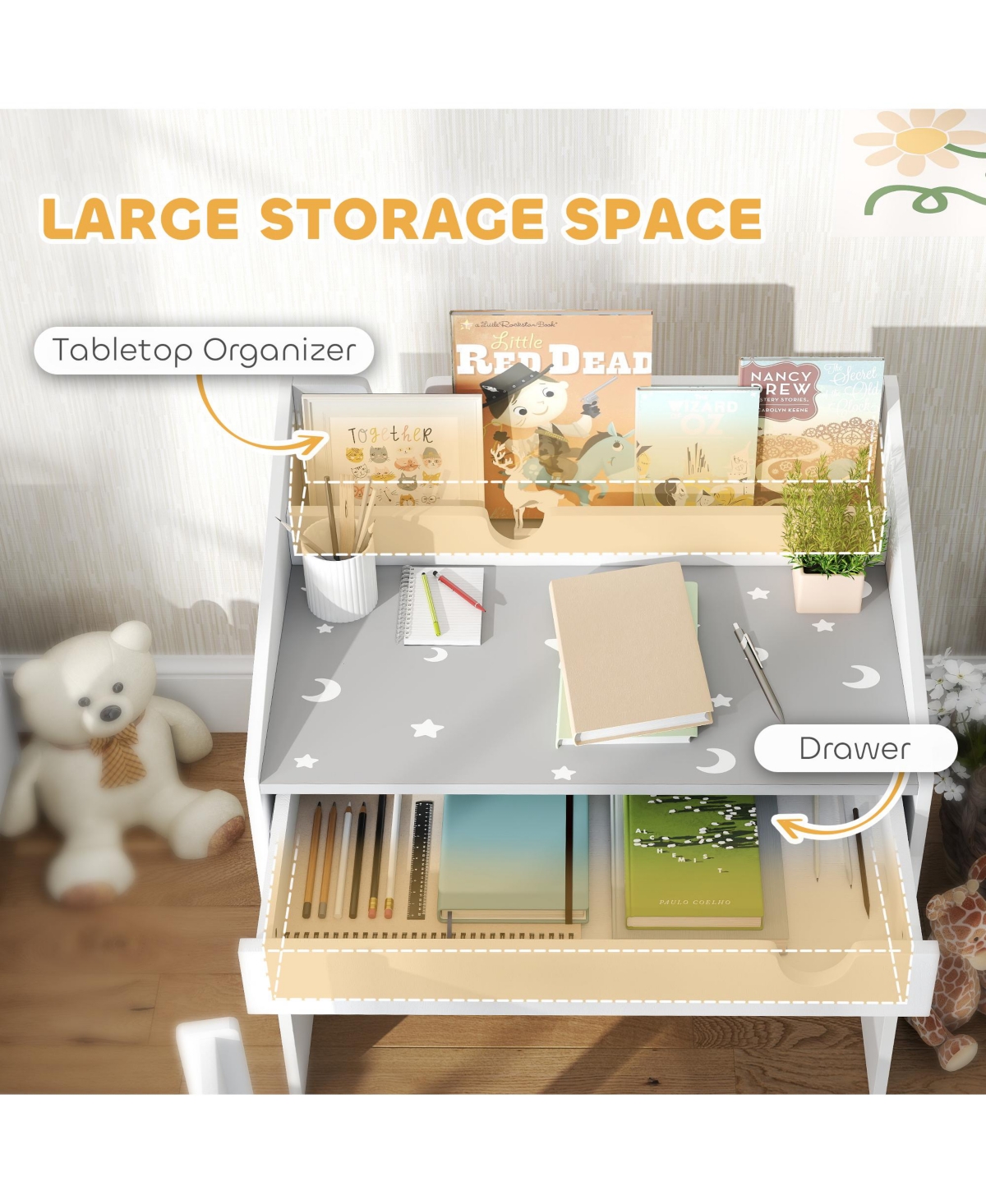 Qaba Kids Desk and Chair Set, Kids Study Desk w/ Storage