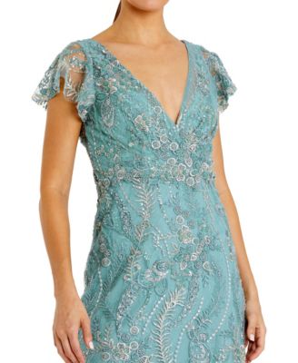 Petite V Neck Flutter Sleeve Floral Embroidered Gown