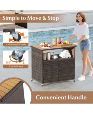 Patio Storage Cabinet with Acacia Wood Top and Rolling Wheels