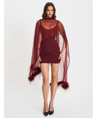 Women's Tori Wine Red Pleated Mini Dress with Chiffon Scarf
