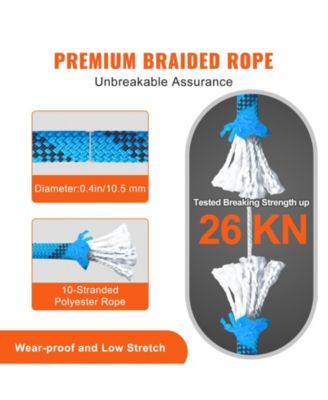 10.5 mm Static Climbing Rope, 9.7M (32ft), 25KN Breaking Tension, Fiber Rope with Steel Snap Hooks, Blue
