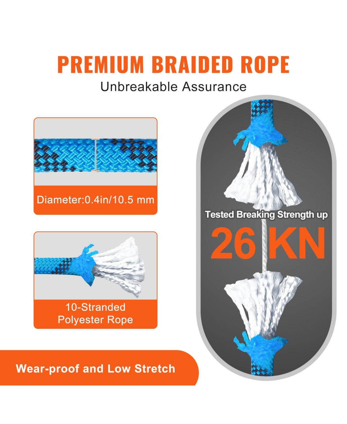 Mecale 10.5 mm Static Climbing Rope, 9.7M (32ft), 25KN Breaking Tension, Fiber Rope with Steel Snap Hooks, Blue