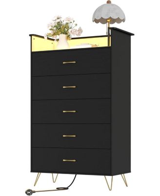 5-Drawer Dresser with RGB Lights, Charging Station & App-Controlled Music Sync. Large Wooden Chest for Bedroom Storage.