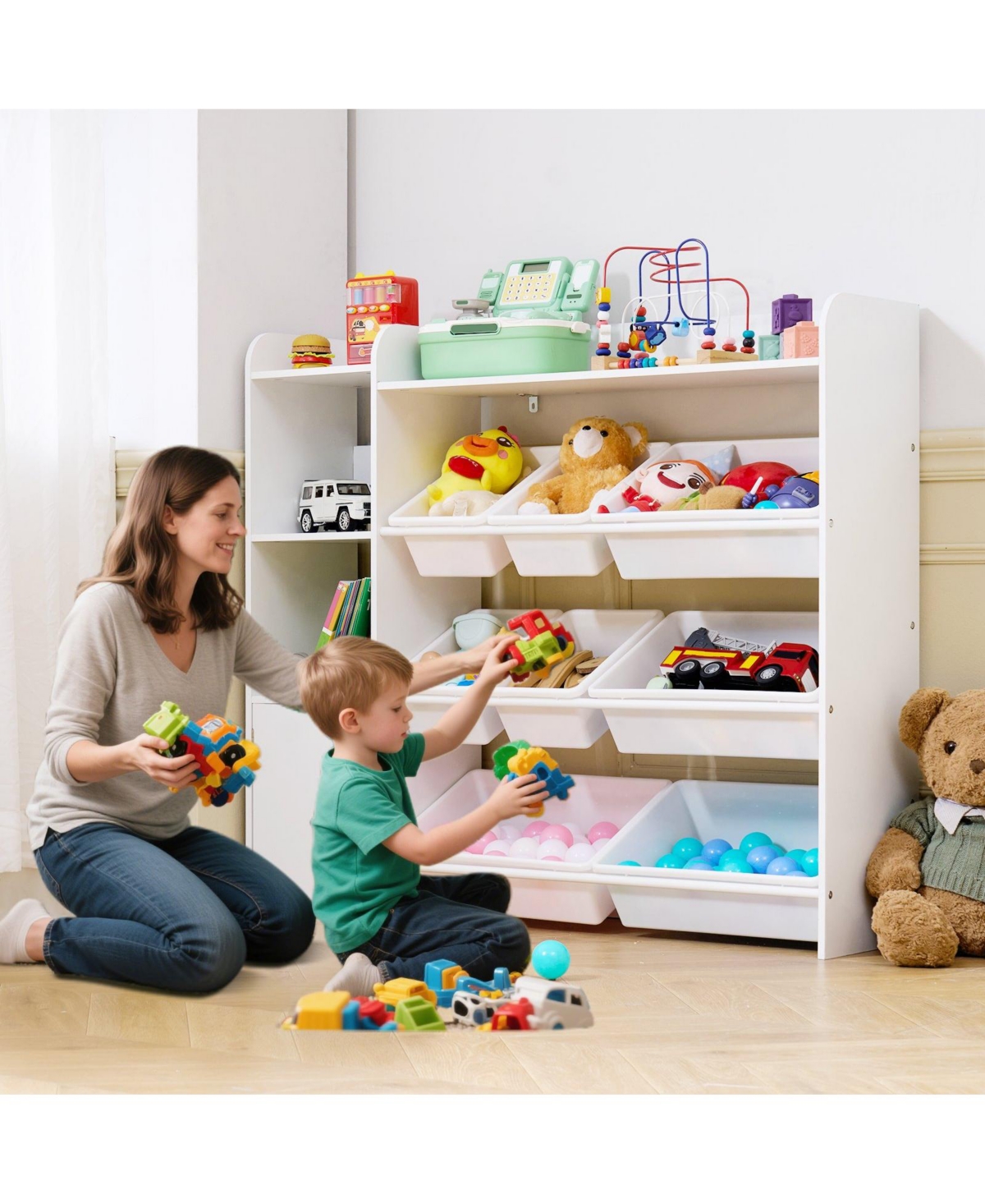 Mecale Kids Toy Storage Organizer with Bookshelf, 4-Tier Cubby Cabinet with 8 Flexible Plastic Bins, Toy & Book Storage, White