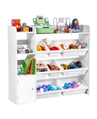 Kids Toy Storage Organizer with Bookshelf, 4-Tier Cubby Cabinet with 8 Flexible Plastic Bins, Toy & Book Storage, White