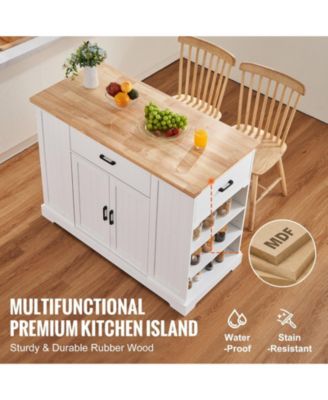 46" MDF, Rubberwood Kitchen Island Cart with Wood Top, Storage Cabinet, Adjustable Shelf, Drawer, Farmhouse Rolling Table