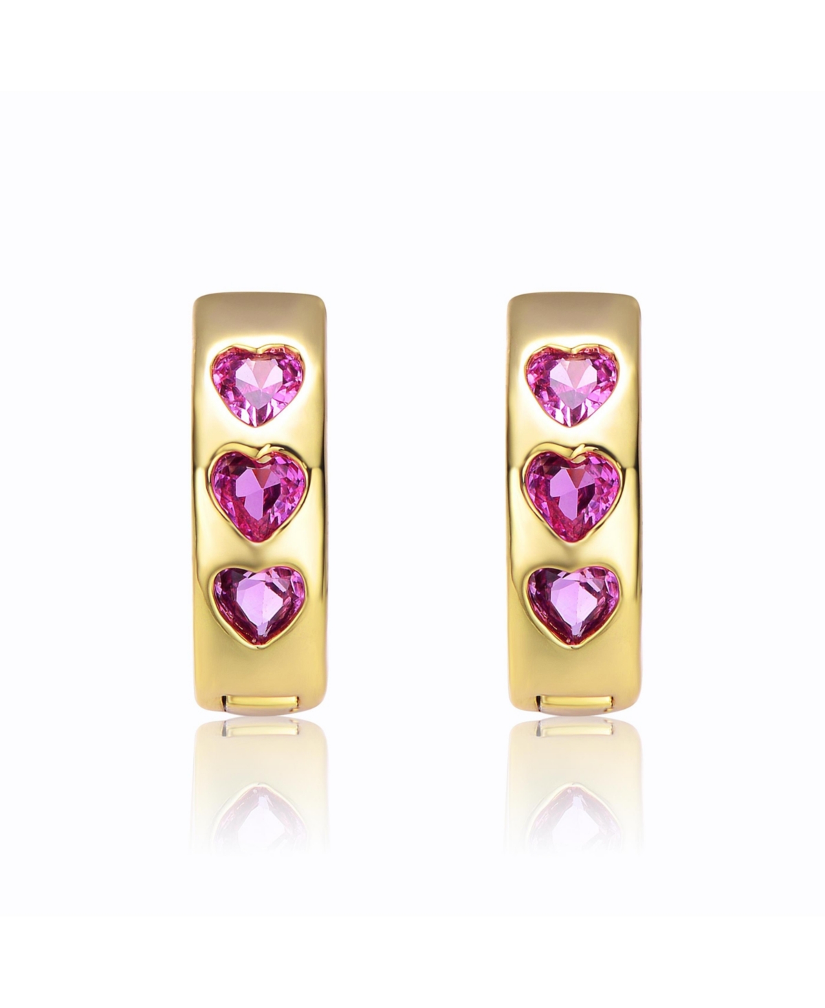 GiGiGirl Kids Young/Teens 14k Yellow Gold Plated with Heart Pink Cubic Zirconia Triple Stone Round Hoop Earrings