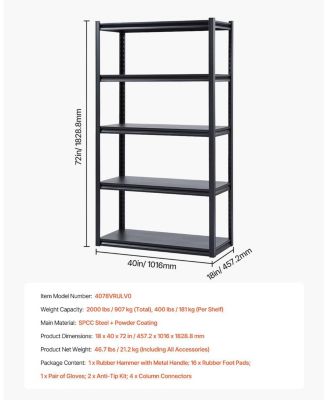 5-Tier Garage Storage Shelves, 18"D x 40"W x 72"H, 2000 lb Capacity, Adjustable Metal Utility Shelving Rack, Black