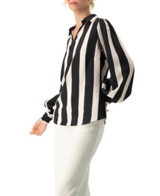 Women's Collared Long Sleeve Striped Blouse