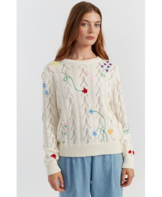 Women's Hand-Embroidered Floral Cotton Sweater