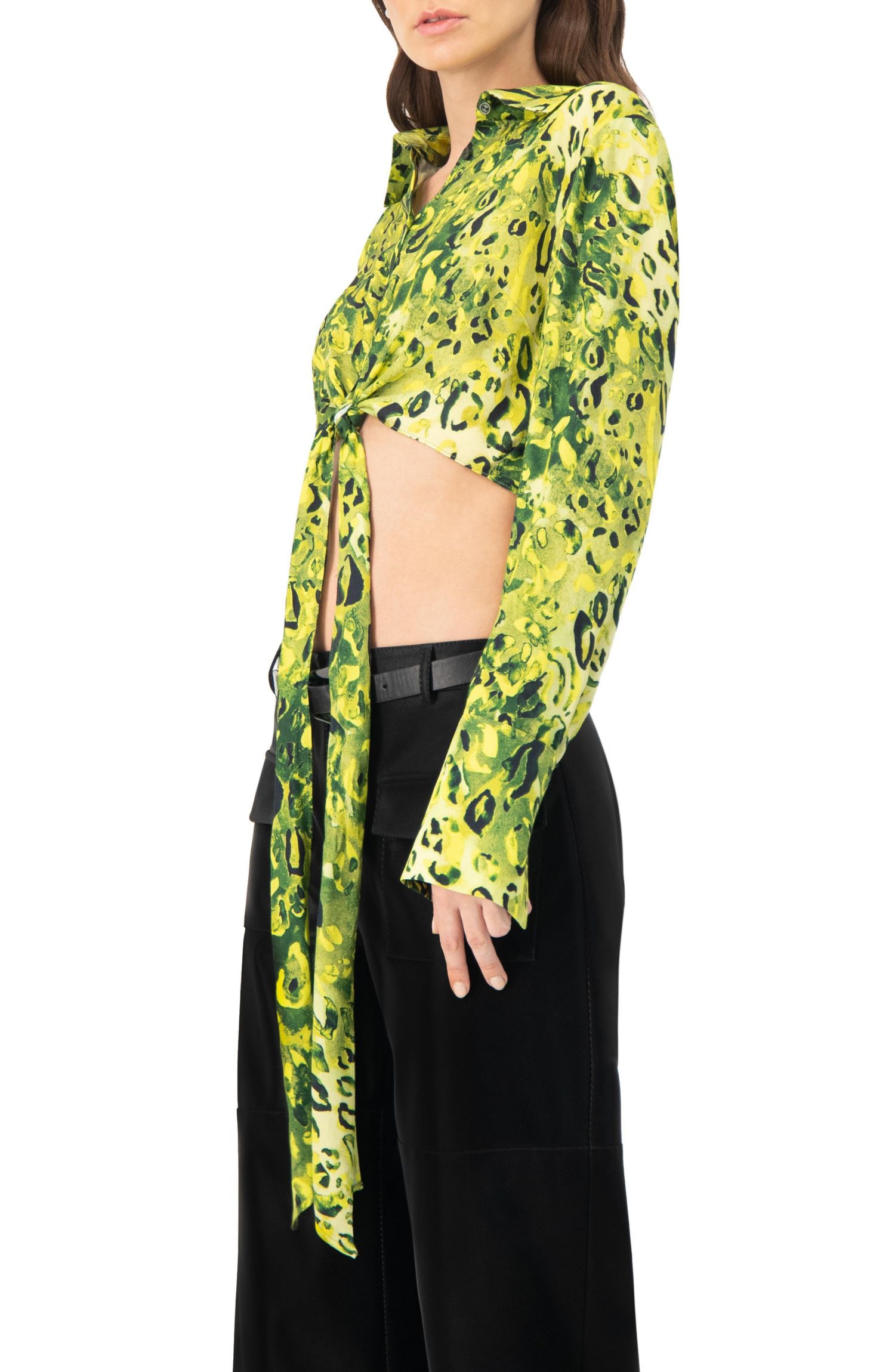 Women's Cropped Animal Print Shirt With Waist tie