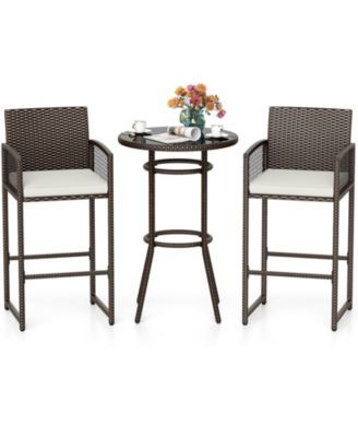 Patio Wicker Bar Height Round Table Set with 2 Armchairs