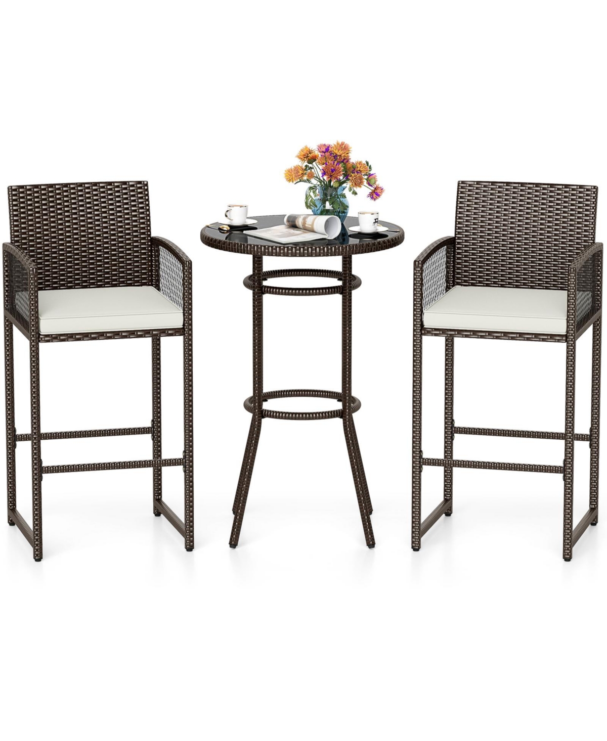 Slickblue Patio Wicker Bar Height Round Table Set with 2 Armchairs
