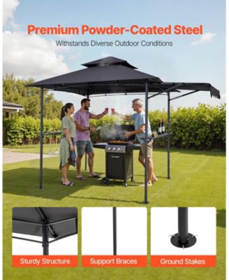 8 x 5 ft Grill Gazebo, Double-Tiered Top BBQ Gazebo with Extra Awning, Steel Frame, 2 Side Shelves, Bottle Opener and Hooks