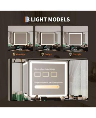 Lighted Mirror Corner Vanity Desk with Charging Station – Fluted Design, 3 Drawers, Cabinets & Open Shelves