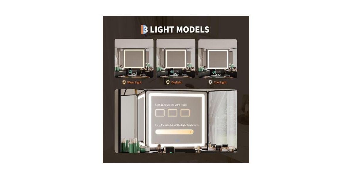 gaomon Lighted Mirror Corner Vanity Desk with Charging Station – Fluted Design, 3 Drawers, Cabinets & Open Shelves