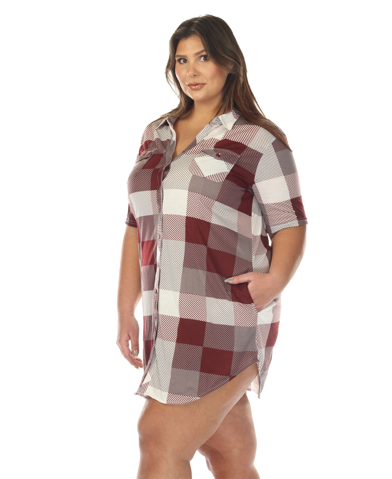 Plus Size Short Sleeve Plaid Button-Down Shirt Dress