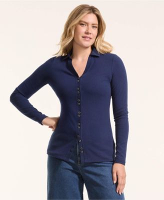 Women's Long Sleeve Polished Rib Button Through Tunic Shirt
