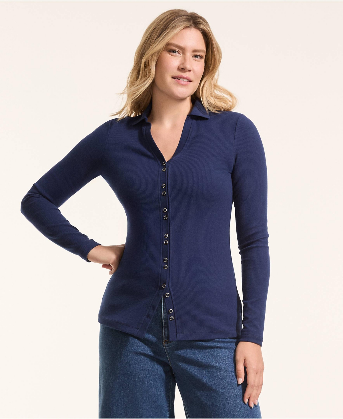 Lands' End Women's Long Sleeve Polished Rib Button Through Tunic Shirt
