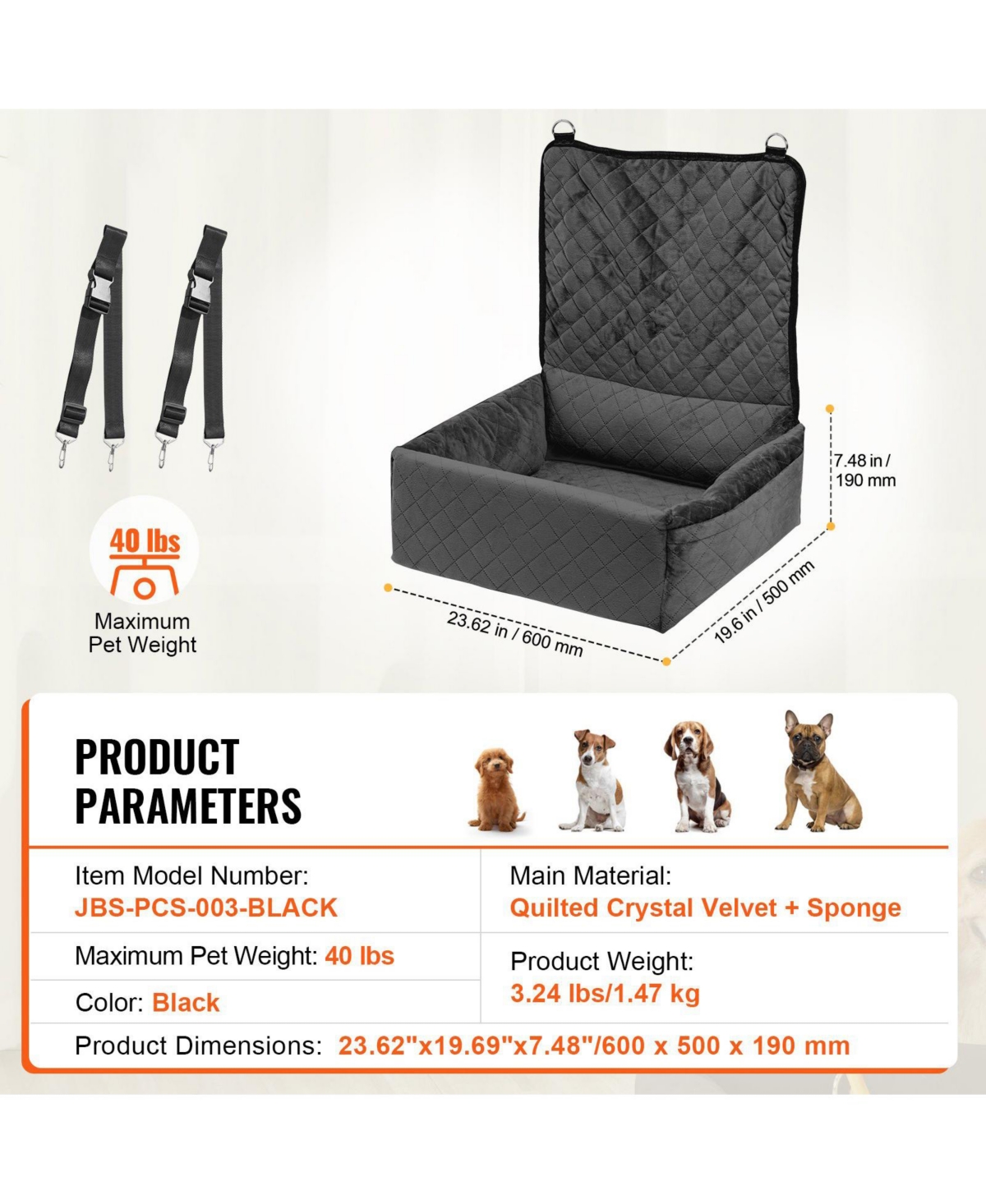 Cozito Dog Car Booster Seat w/ Storage Pocket & Safety Leash, Sponge + Pp Cotton Fill, Dog Car Bed for Small/Medium Dogs up to 40 lb