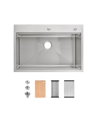 33inch Overmount Single Bowl Brushed 304 Stainless Steel Kitchen Sink SS-BR01D-332208 with Cutting Board Roll out Basket