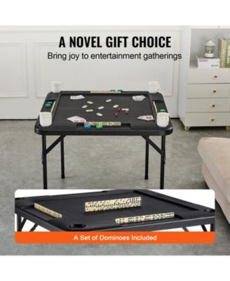 Folding Mahjong Table for 4 Players with Cup Holders & Chip Trays, Portable Square Card Table, Black