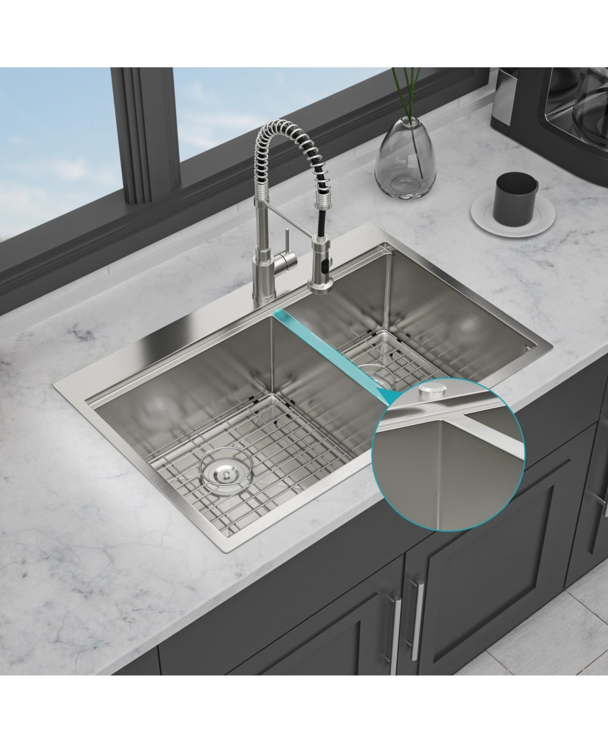 flynama 33x22x10inch Topmount Double Bowl Kitchen Sink 16 Gauge 60 and 40 Split Brushed Nickel