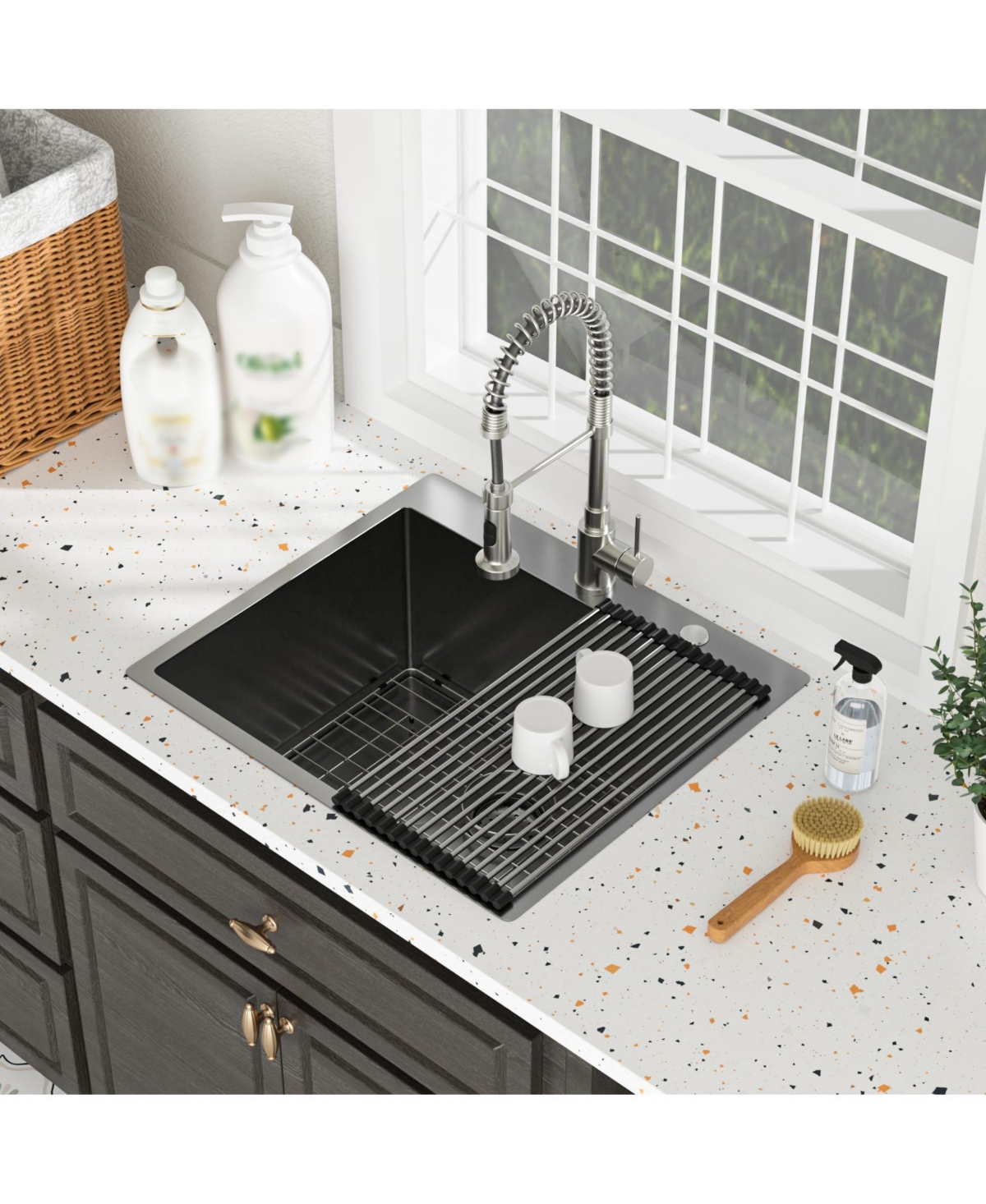 flynama 25x22x12inch Gunmetal Black Drop In Laundry Utility Sink 16 Gauge T304 Stainless Steel 12 Inch Deep Single Bowl Above Counter Sink