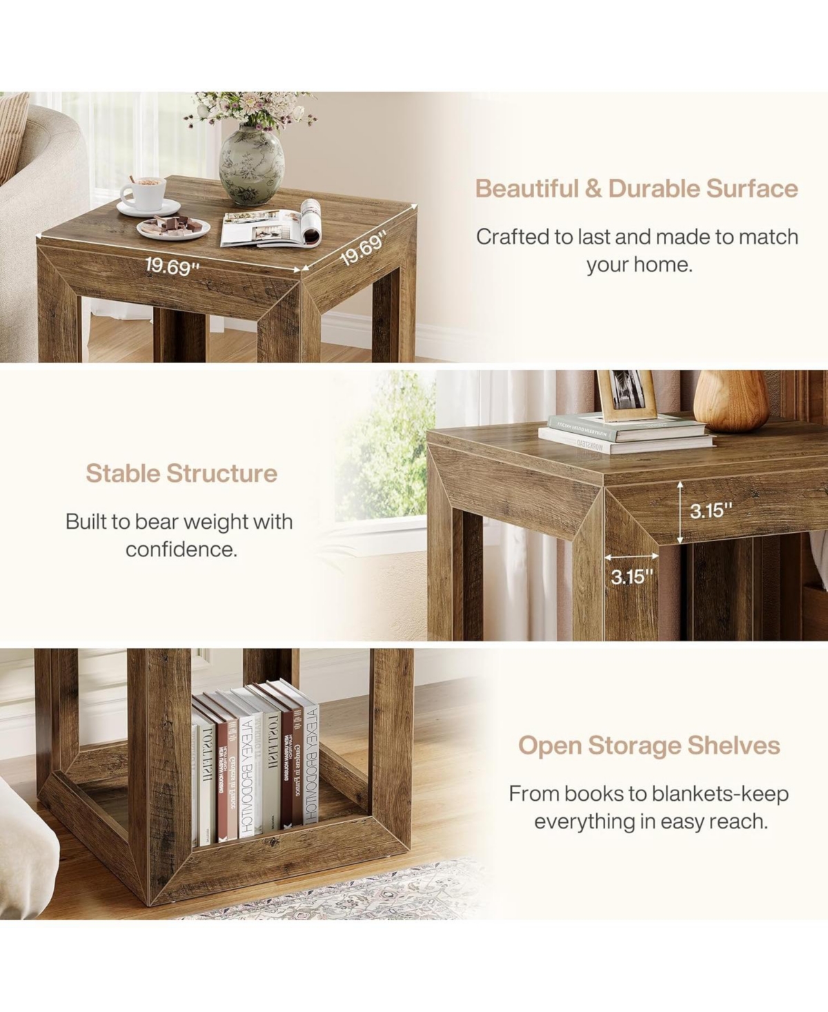 Tribesigns Farmhouse End Table Set of 2, 20" Large Square Side Table with Storage Shelf, Rustic Wood Nightstand for Bedroom, Living Room, and Off