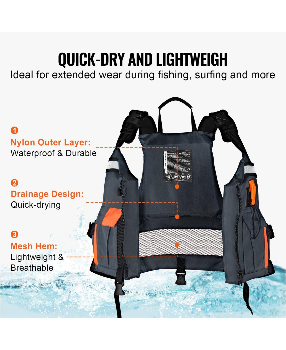 Mecale Life Vest for Watersports (Pfd), Waterproof Nylon, 110N Buoyancy, Life Jacket for Fishing Kayaking Surfing, Men and Women, Size Xl
