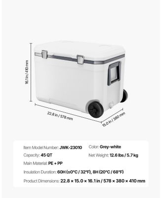 45 QT Wheeled Portable Cooler with Ice Retention, Heavy-Duty Handles and Cup Holder, Insulated Hard Cooler for Long Trips