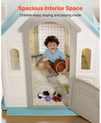 5-in-1 Outdoor Playhouse Cottage, Pretend Play + Basketball, Darts, Soccer, Ring Toss, Door & Window, Ages 2