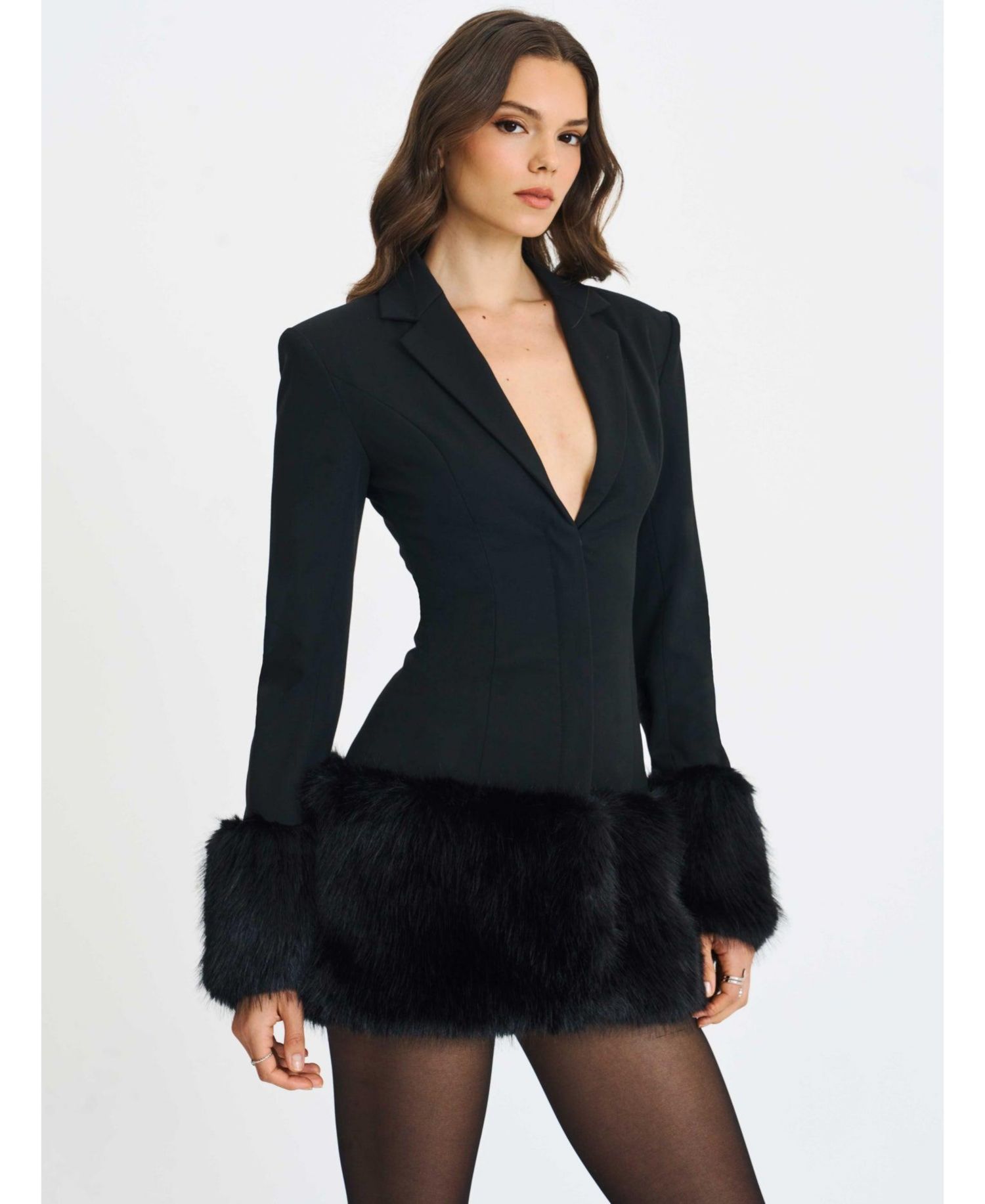 Women Wenona Black Faux Fur Trimmed V-Neck Mini Blazer Dress