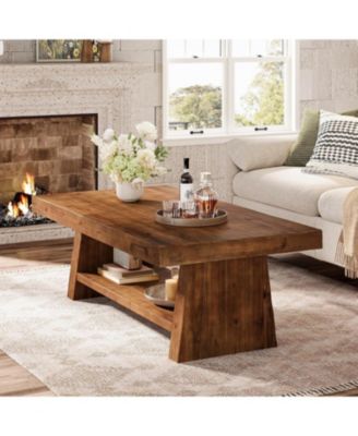 Solid Wood Coffee Table, 47-Inch Farmhouse Coffee Table with Storage, 2-Tier Rectangular Center Furniture