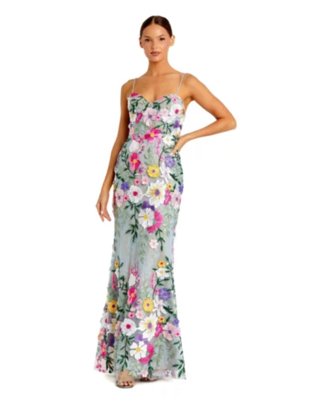 Petite Floral Embroidered Sleeveless Bustier Gown - Sage multi