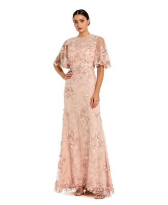 Petite women's Flutter Sleeve Floral Embroidered Net Gown