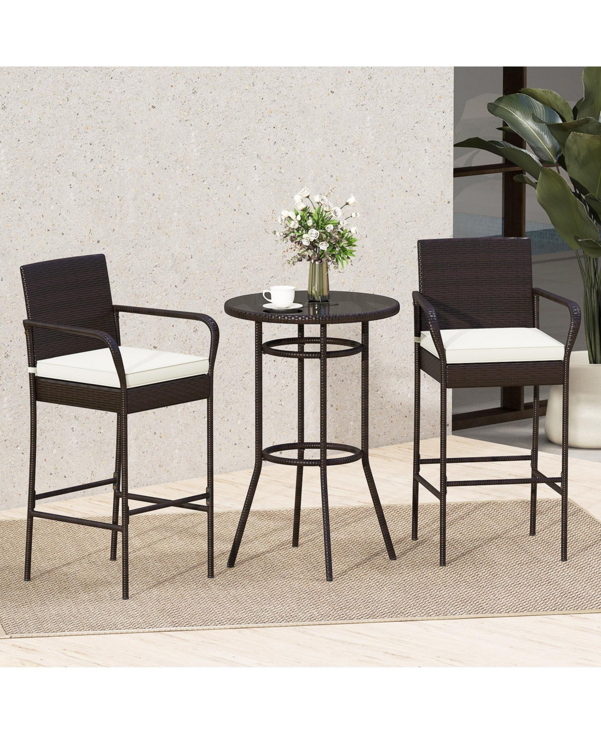 Slickblue Outdoor Rattan Bar Table Set with 2 Cushioned Chairs