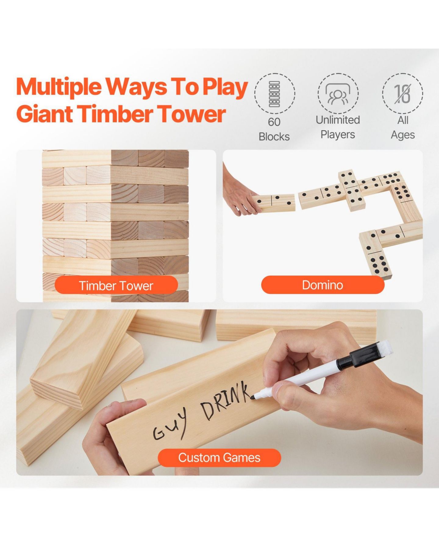 Детские игрушки HONGGE Giant Wooden Tumbling Tower Game with Domino Blocks, 60 Pieces, Ages 3+, цвет: Натуральный — фото 4
